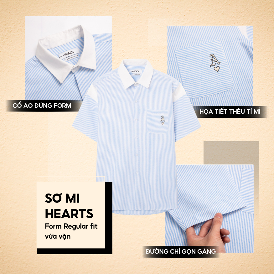 Áo sơ mi sọc nam Hearts tay ngắn, vải Oxford cao cấp, thấm hút tốt, logo thêu quân bài đặc biệt - FEAER