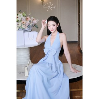 Đầm Khiết Style yếm dài kẻ sọc xanh phối nơ phong cách trẻ trung KD166