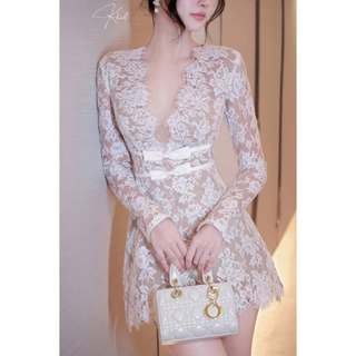 Đầm Khiết Style dáng ôm ren tay dài màu kem sang chảnh phong cách dự tiệc KD33 KD33A