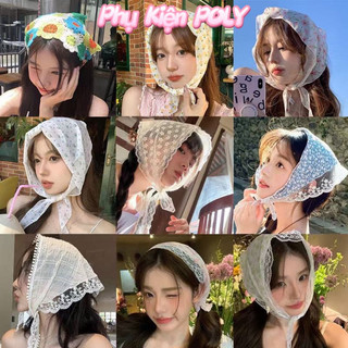 Khăn Bandana tiểu thư khăn trùm đầu ren trắng khăn tam giác turban đi biển