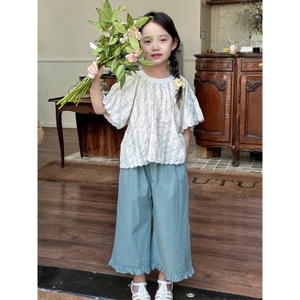 Sét bộ quần dài xanh ống rộng kèm áo hoa cho bé gái từ 12-45kg(2-12 tuổi)