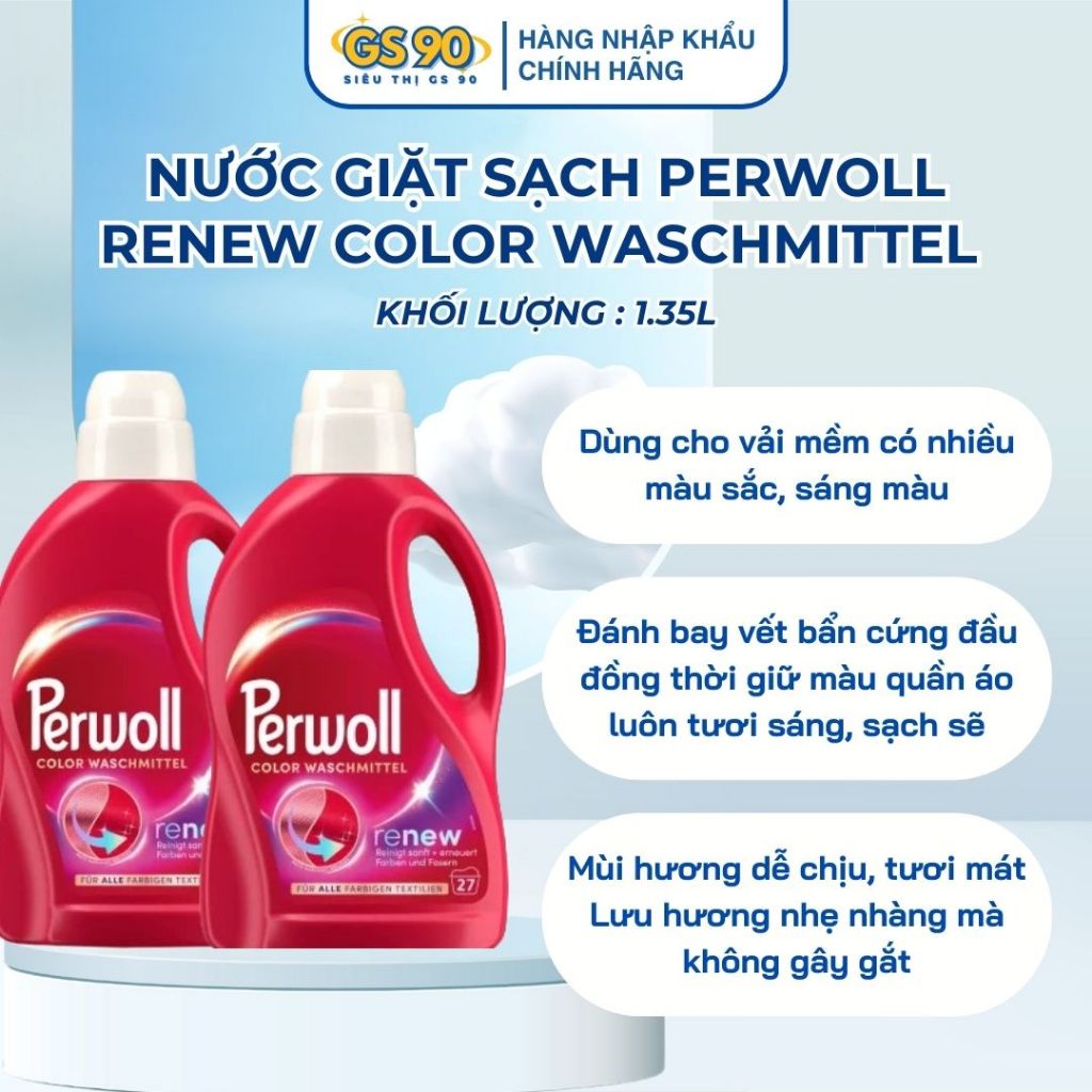 Nước Giặt Perwoll Đức 1.35 Lít Khôi Phục Và Giữ Màu Quần Áo, Hạn Chế Nhăn, Bảo Vệ Sợi Len Lụa