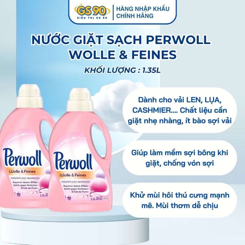 Nước Giặt Perwoll Đức 1.35 Lít Khôi Phục Và Giữ Màu Quần Áo, Hạn Chế Nhăn, Bảo Vệ Sợi Len Lụa