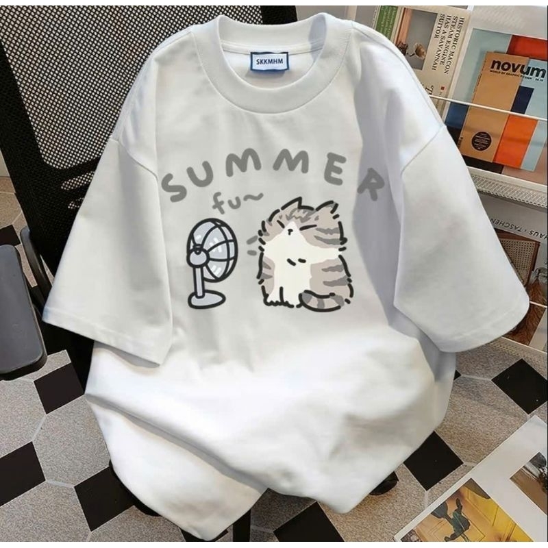 Áo phông from rộng tay lỡ chất vải cotton - mèo mùa hè
