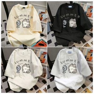 Áo phông from rộng tay lỡ chất vải cotton - mèo mùa hè