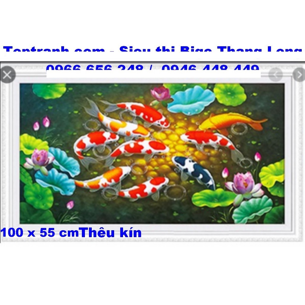 Tranh thêu chữ thập 9 con cá koi cá chép hoa sen mẫu đẹp E183 chưa thêu ...