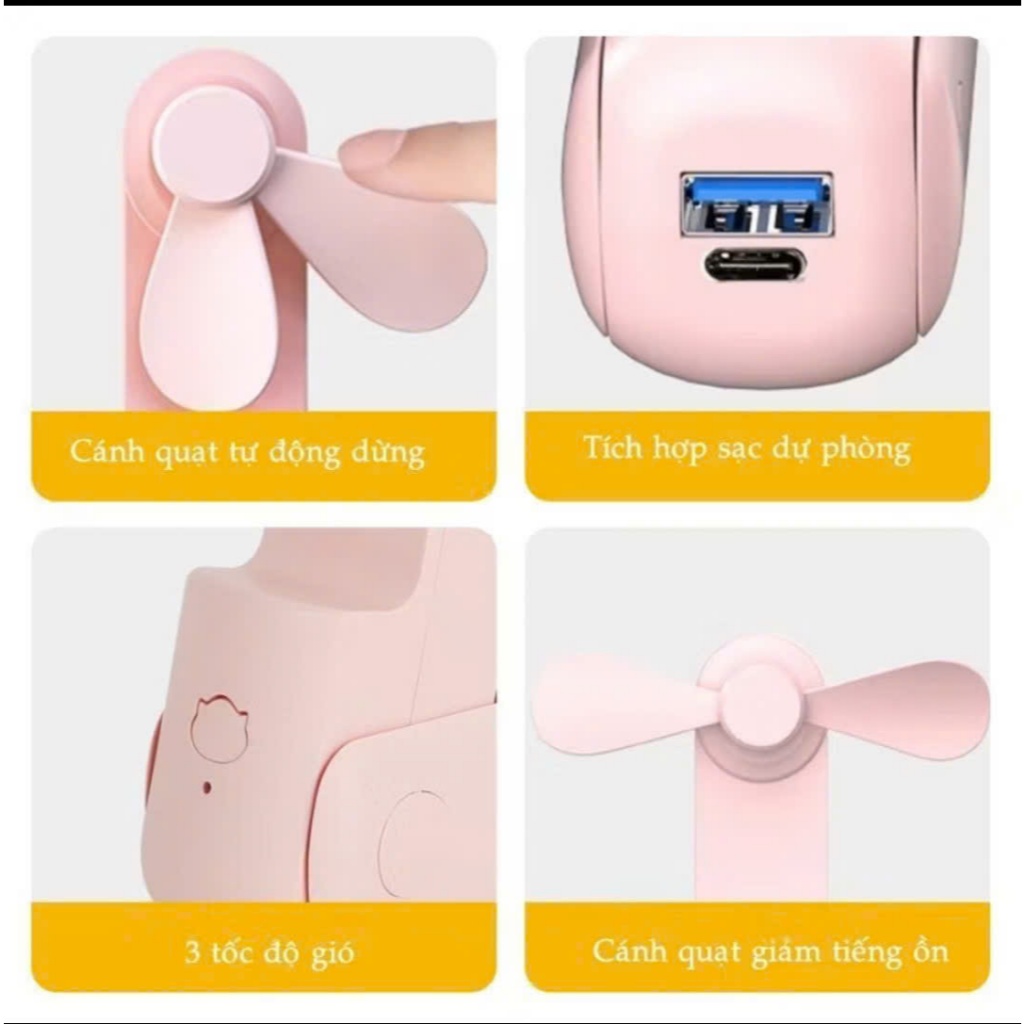 Quạt Mini Cầm Tay 2000mAh Đa Chức Năng Có Thể Gập Gọn Tích Hợp Sạc Dự Phòng, Gió Yên Tĩnh
