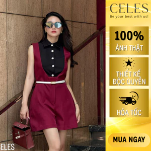 CELES – Jumpsuit nữ TERESA cổ sơ mi phối màu cá tính, dáng ngắn tôn dáng, sang trọng JU0090