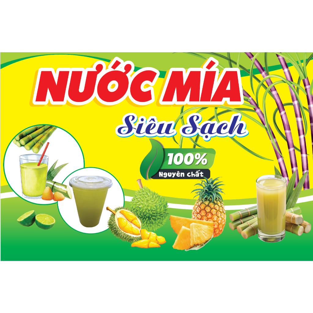 Decal dán sẵn có keo, NƯỚC MÍA NGUYÊN CHẤT trang trí cho MÁY ÉP NƯỚC MÍA có nhiều kích thước
