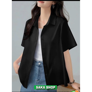 Áo sơ mi đen dáng rộng nữ ngắn tay vải kate không nhăn