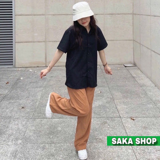 Áo sơ mi đen dáng rộng nữ ngắn tay vải kate không nhăn