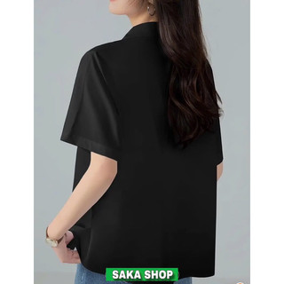 Áo sơ mi đen dáng rộng nữ ngắn tay vải kate không nhăn