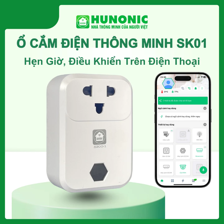 Ổ Cắm Wifi Thông Minh Hunonic SK01, SK02 Hẹn Giờ Từ Xa, Điều Khiển Giọng Nói, App Tiếng Việt