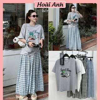 Set Bộ Đồ Nữ Áo Phông Ngắn Tay In SWEET Home Kèm Dây Buộc Tóc Mix Chân Váy Kẻ Caro Dáng Dài Suông Rộng