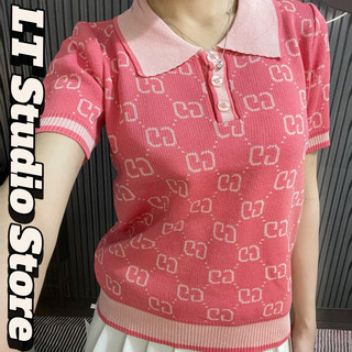 Áo len nữ polo cổ bẻ cộc tay hoạ tiết fom ôm vừa free size 862