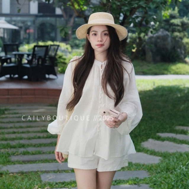 MIU.STUDIO • Set áo sơmi line thô đũi cổ đức tay bồng đính khuy bọc kèm quần sooc style basic cho nàng đi chơi đi biển