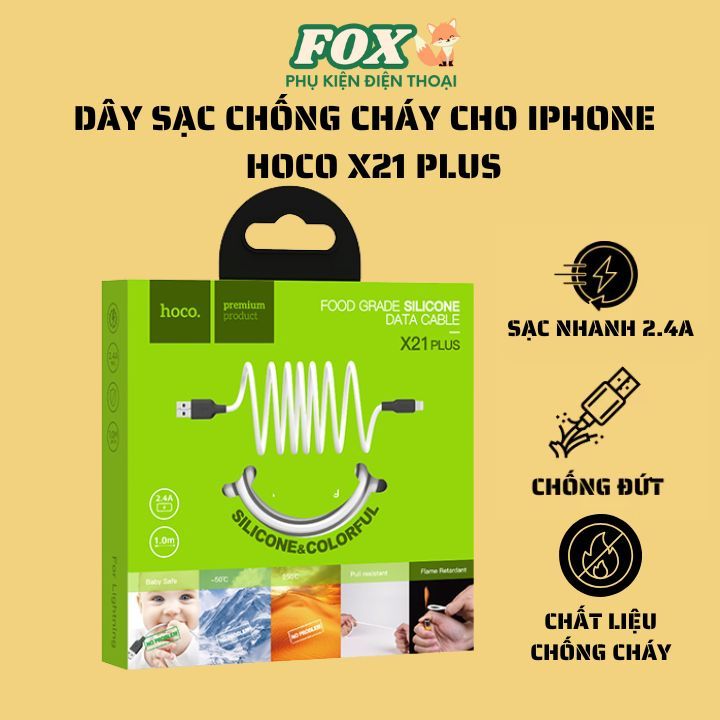 Dây sạc silicone Hoco X21 PLUS 2.4A,dây dẻo chống, đứt gãy, chống cháy cho IPhone
