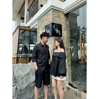 (S - 42)[ GIÁ CẶP ] Set đồ đôi nam nữ couple áo trễ vai kẻ xanh tay bồng dáng dấu quần siêu xinh và áo sơmi nam dài tay