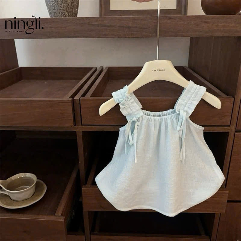 (Sẵn sz140) Bộ quần áo 2 dây bồng kèm voan ở quần phong cách Hàn Quốc năng động đáng yêu
