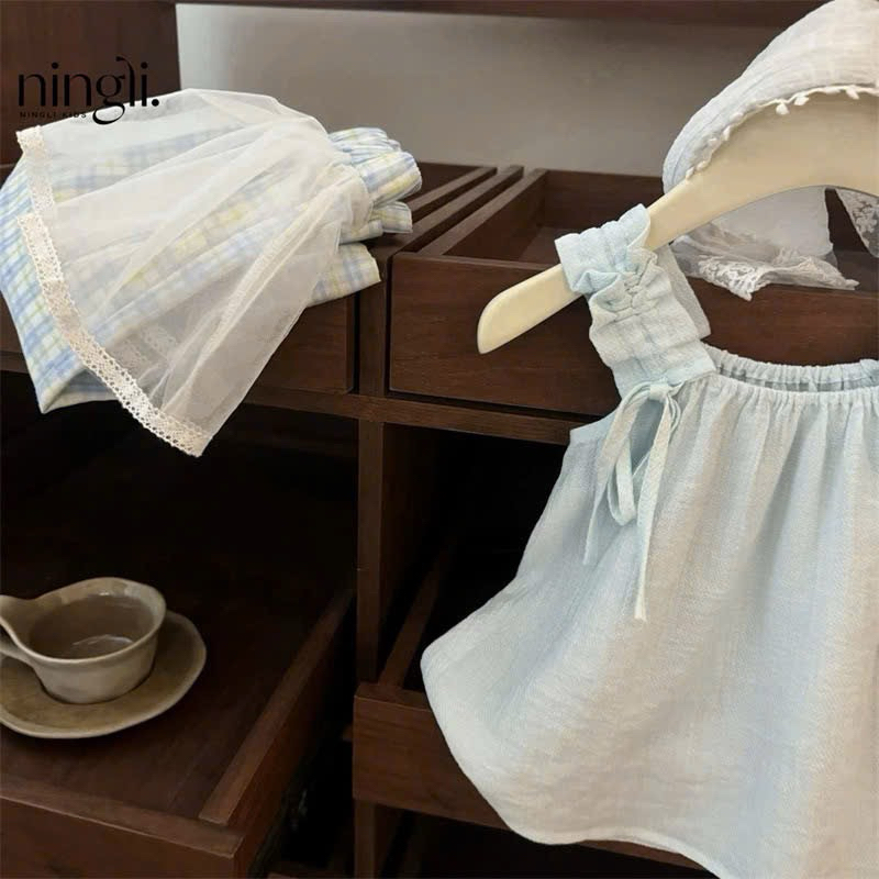 (Sẵn sz140) Bộ quần áo 2 dây bồng kèm voan ở quần phong cách Hàn Quốc năng động đáng yêu
