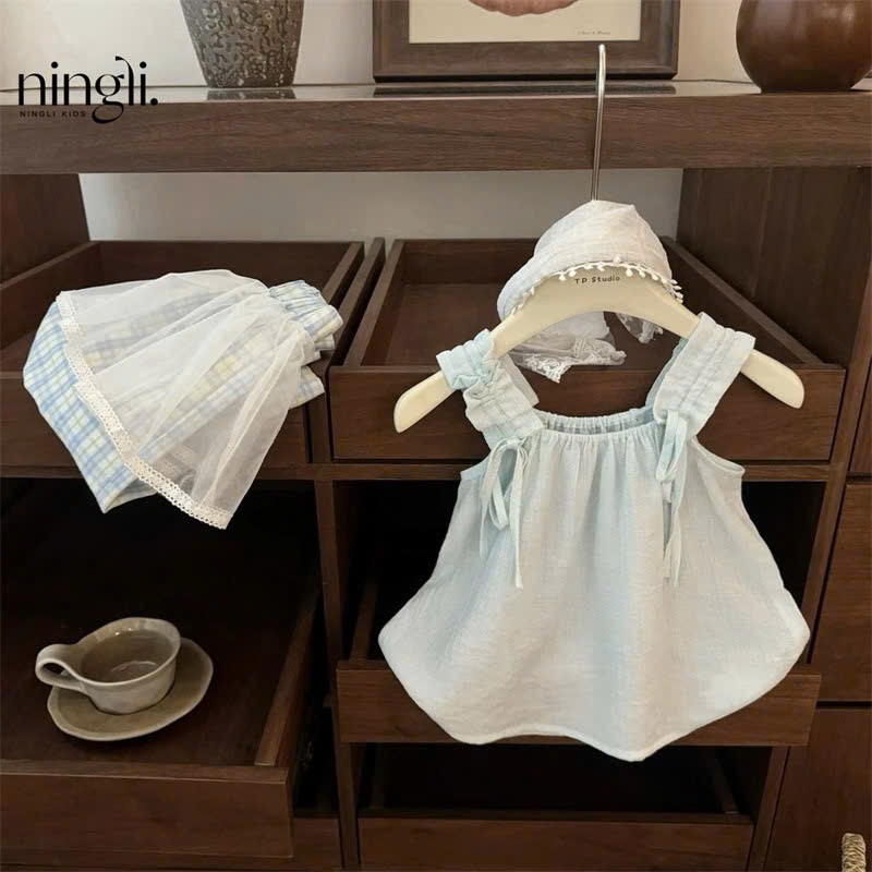 (Sẵn sz140) Bộ quần áo 2 dây bồng kèm voan ở quần phong cách Hàn Quốc năng động đáng yêu