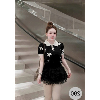 Áo len nữ cộc tay mongtoghi hoạ tiết sao len mỏng mặc bốn mùa kiểu cổ bẻ free size mã 994