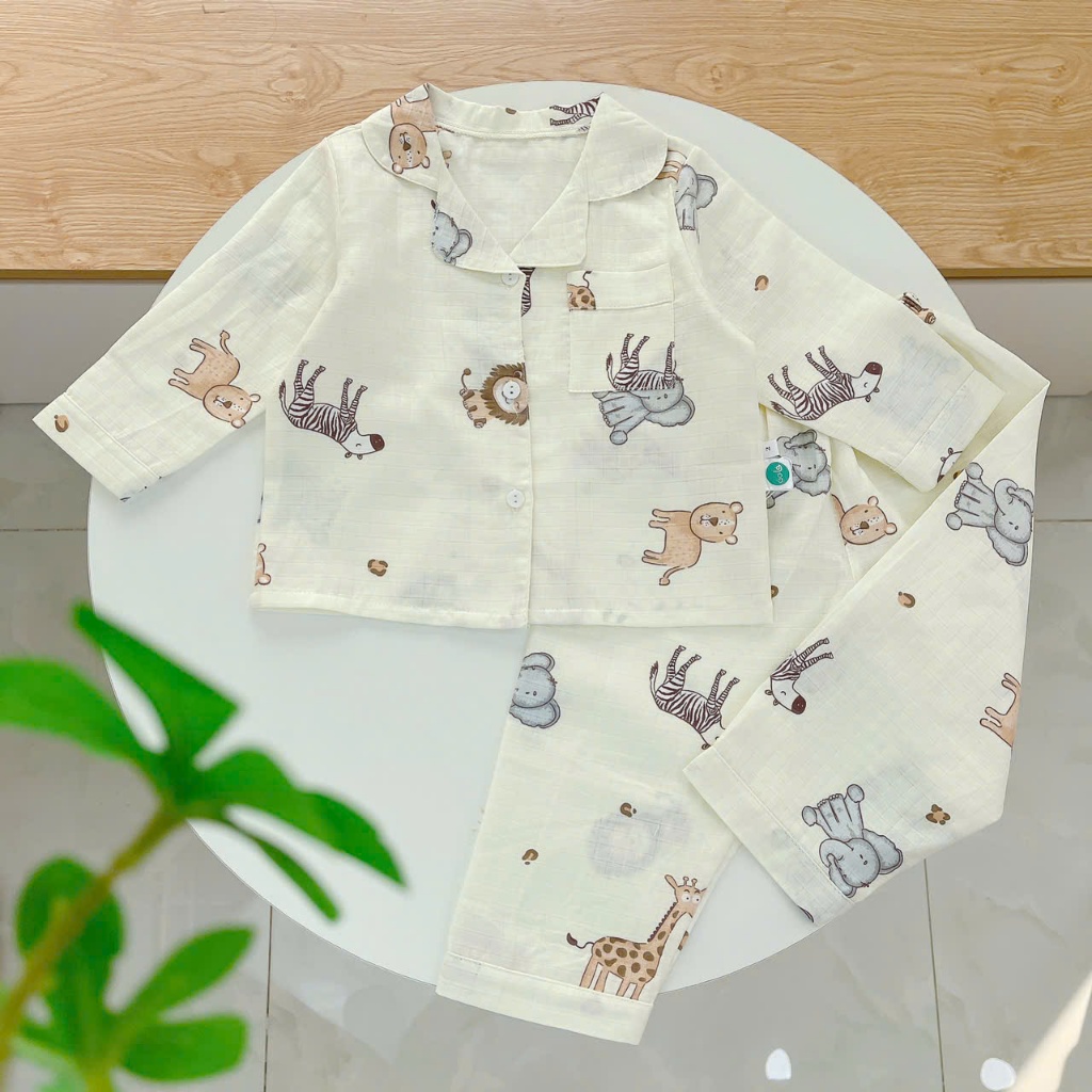 Pijama bé trai bé gái dài tay vải xô Áo Lá Homewear A014, đồ ngủ trẻ em size đại cotton nằm điều hòa bốn mùa