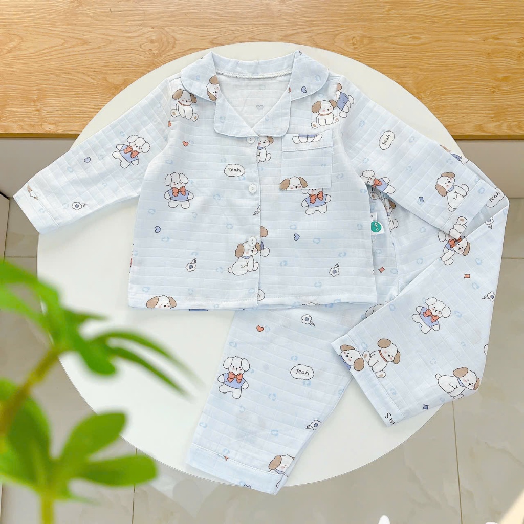 Pijama bé trai bé gái dài tay vải xô Áo Lá Homewear A014, đồ ngủ trẻ em size đại cotton nằm điều hòa bốn mùa