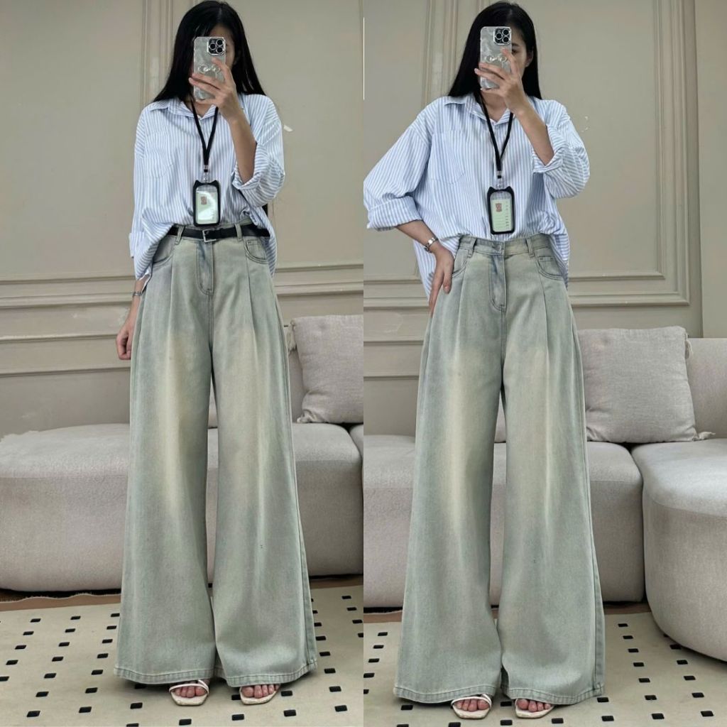 Quần jeans bò Joolate Ống suông rộng cạp cao tôn dáng jean mềm cao cấp