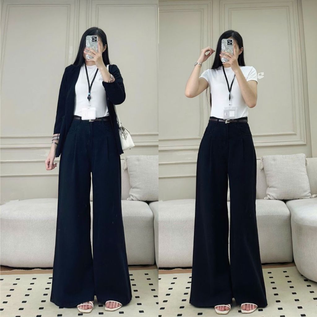 Quần jeans bò Joolate Ống suông rộng cạp cao tôn dáng jean mềm cao cấp