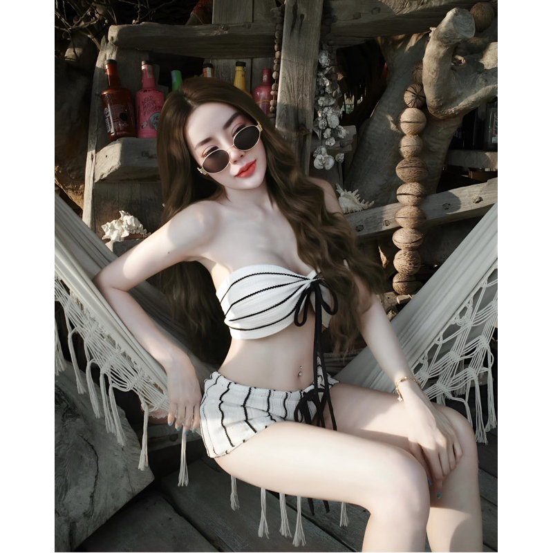 Set đi biển, set bikini kẻ sọc đen - Mẫu mới 2025