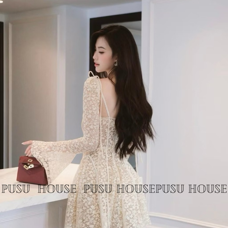 Đầm nữ dự tiệc ren tay loe cổ vuông sang trọng -Pusu house