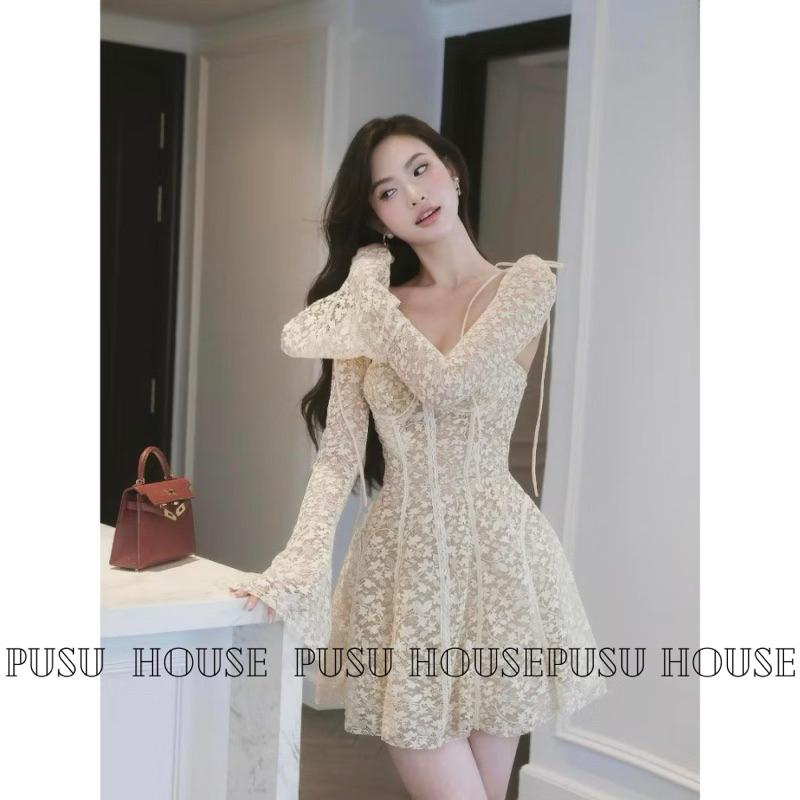 Đầm nữ dự tiệc ren tay loe cổ vuông sang trọng -Pusu house