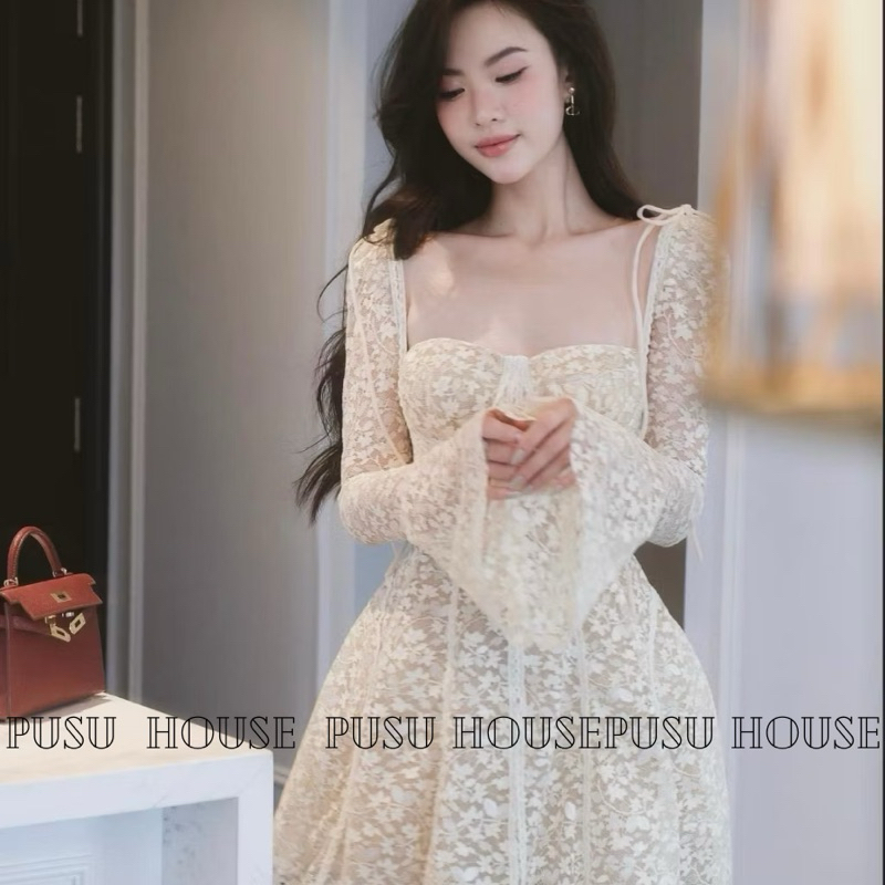 Đầm nữ dự tiệc ren tay loe cổ vuông sang trọng -Pusu house