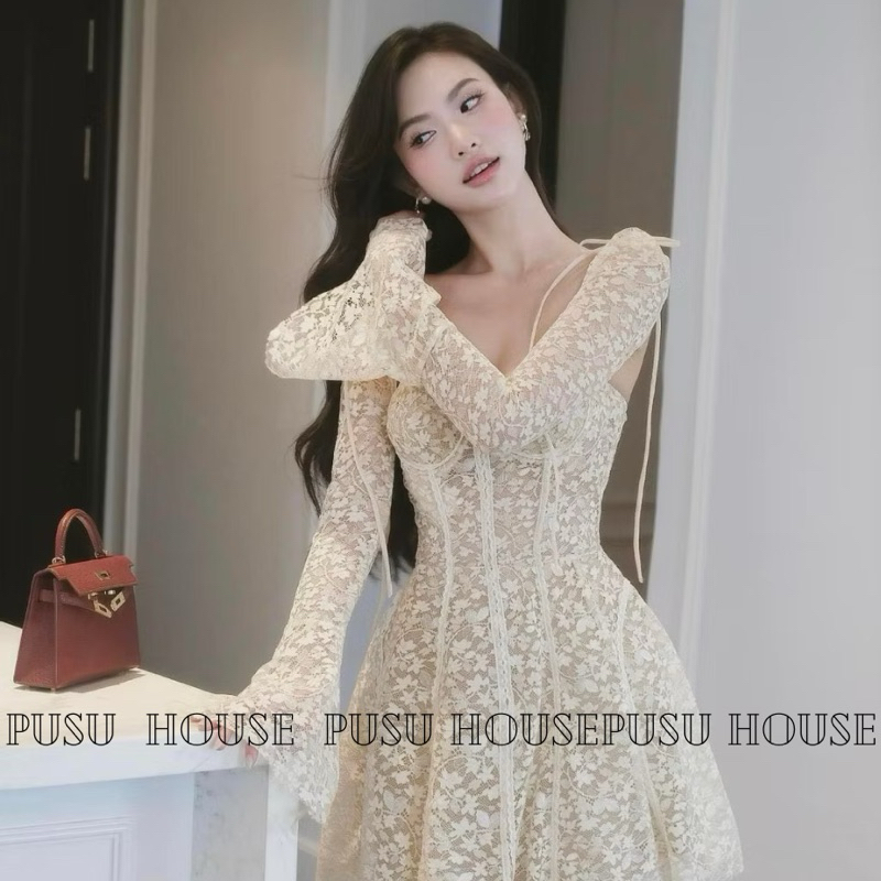 Đầm nữ dự tiệc ren tay loe cổ vuông sang trọng -Pusu house