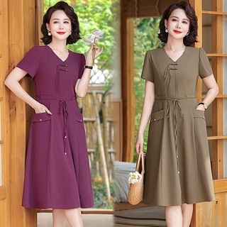 Váy ngắn tay cho người mẹ 40 tuổi，Trang phục tính khí của phụ nữ trung niên và già
