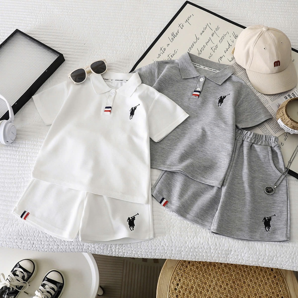 (HÀNG QCCC)Bộ hè polo QC thêu Ngựa chất vải cá sấu thông hơi thoáng mát 2 màu cho bé trai đi học đi chơi size 9-26kg