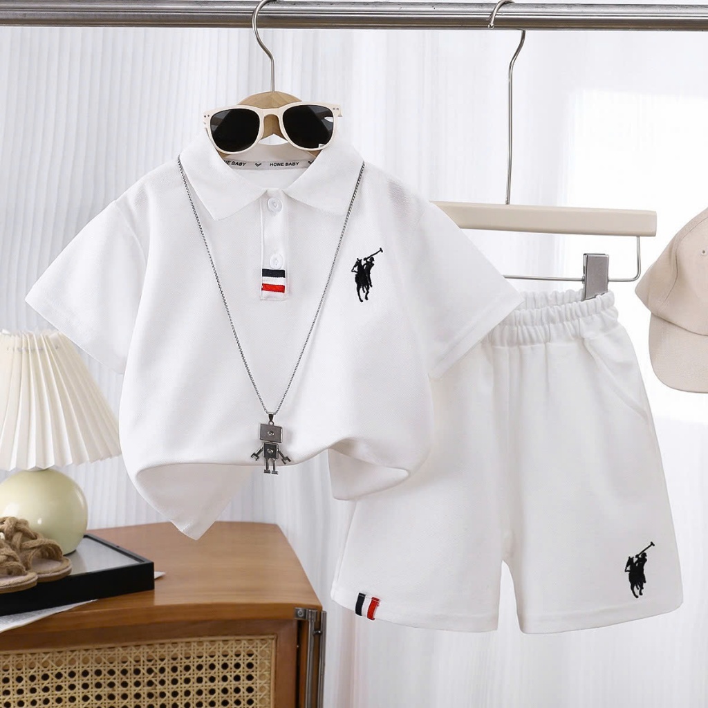 (HÀNG QCCC)Bộ hè polo QC thêu Ngựa chất vải cá sấu thông hơi thoáng mát 2 màu cho bé trai đi học đi chơi size 9-26kg