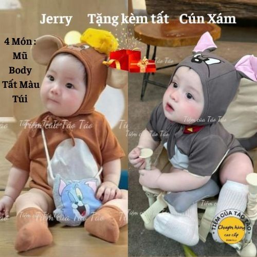 (HÀNG CÓ SẴN) - Set Bodysuit ,body JERRY - TÔM   kèm mũ, tặng túi đeo chéo, tặng TẤT CHỐNG TRƯỢT , cover Hàn 5-13kg