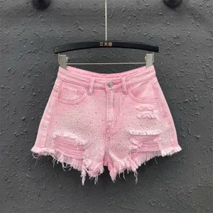 Quần sooc jean hồng đính đá blingbling phối rách hot trend, Quần short bò rách đính đá siêu xinh (HC36)