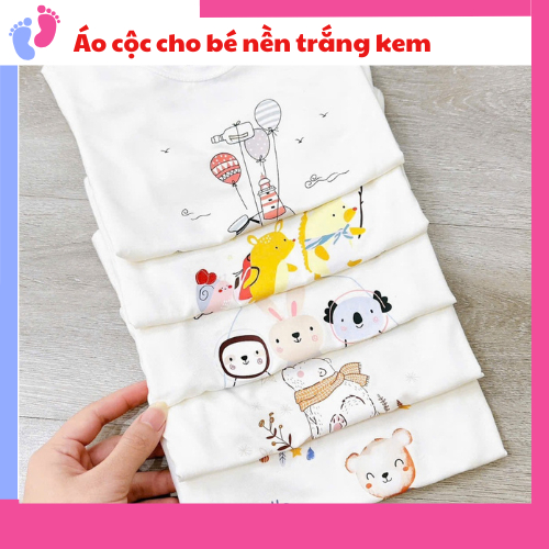 Áo cộc chất thun lạnh NỀN TRẮNG KEM cúc cài vai cho bé 4-14kg saubabi
