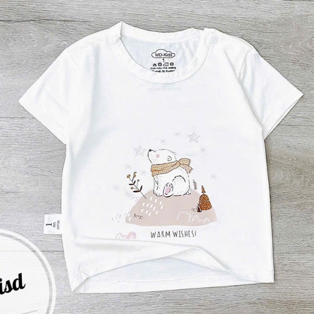 Áo cộc chất thun lạnh NỀN TRẮNG KEM cúc cài vai cho bé 4-14kg saubabi