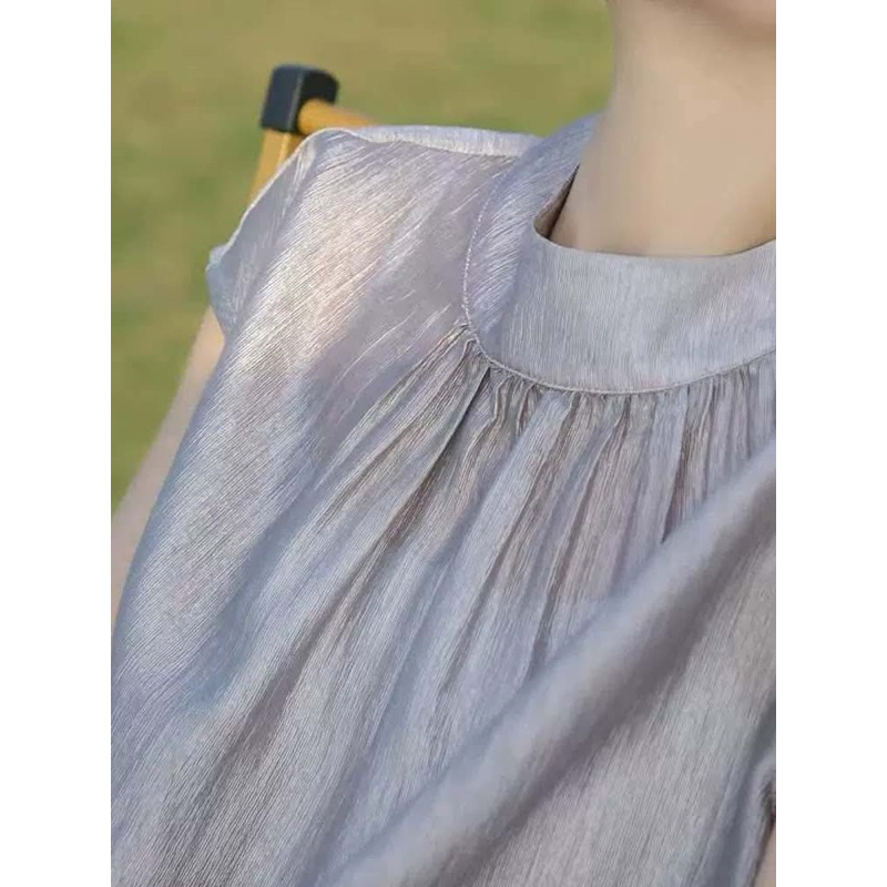 Set quần suông nữ ống rộng đứng mix áo somi không tay sát nách cổ đứng chất tơ Hàn cao cấp màu ghi New 2025