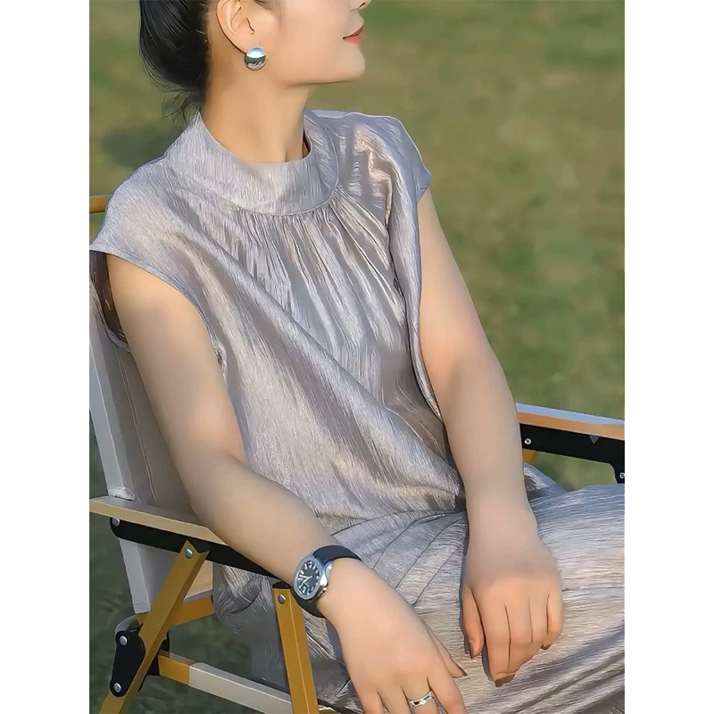 Set quần suông nữ ống rộng đứng mix áo somi không tay sát nách cổ đứng chất tơ Hàn cao cấp màu ghi New 2025