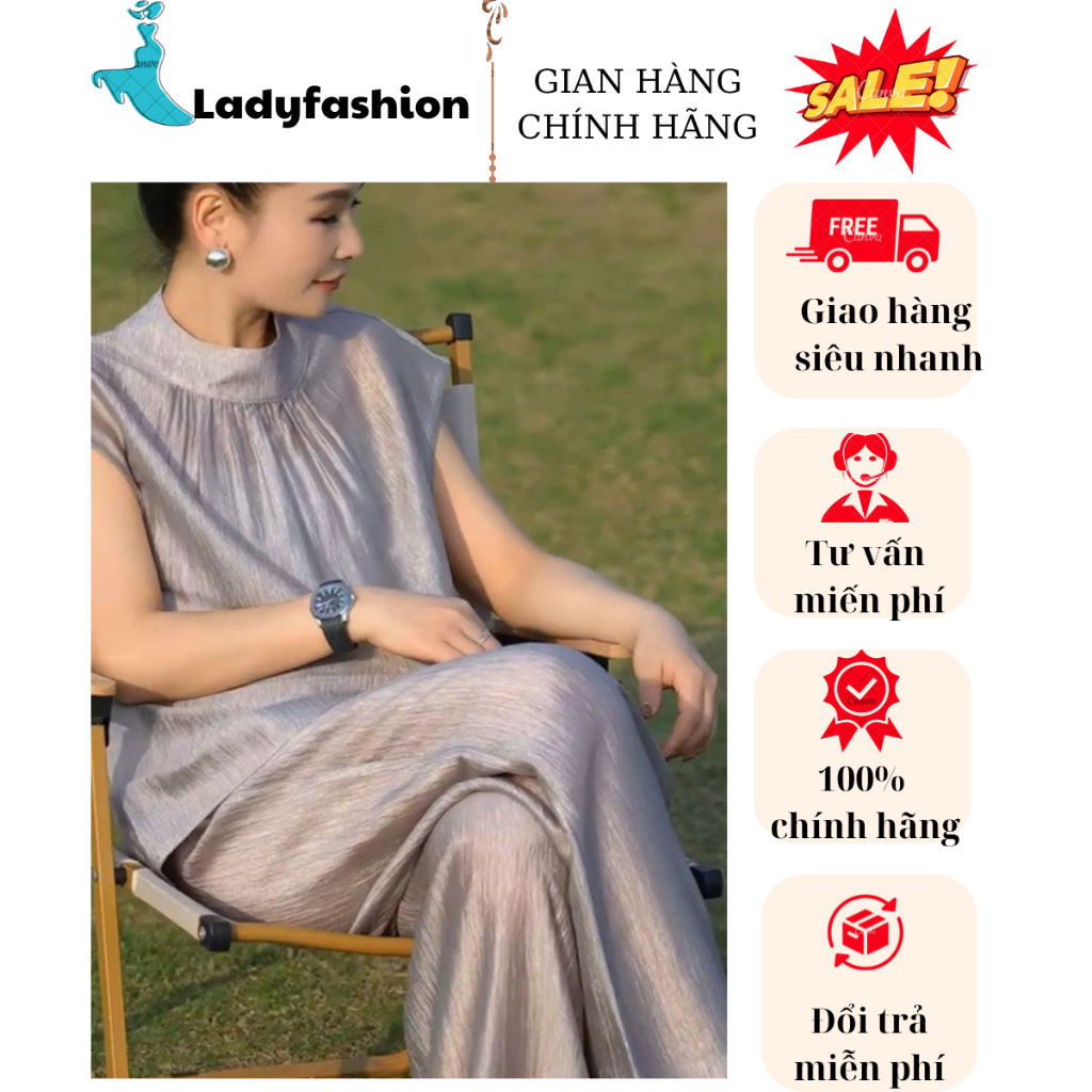 Set quần suông nữ ống rộng đứng mix áo somi không tay sát nách cổ đứng chất tơ Hàn cao cấp màu ghi New 2025