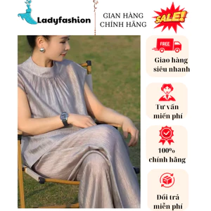 Set quần suông nữ ống rộng đứng mix áo somi không tay sát nách cổ đứng chất tơ Hàn cao cấp màu ghi New 2025