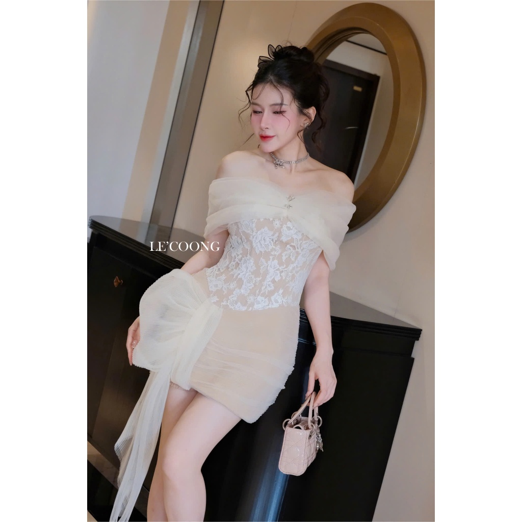 Ảnh Váy Đẹp Trễ Vai Phối Voan Tơ Đính Đá LECOONG V773 Đầm Tiểu Thư Màu Be Đen Đi Tiệc Sang Chảnh 2