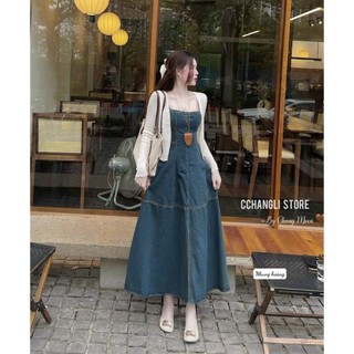 Đầm thời trang nữ chất jeans quảng châu cao cấp 2 dây kèm khoác len ren váy dài dáng xòe xẻ tà phong cách trẻ trung