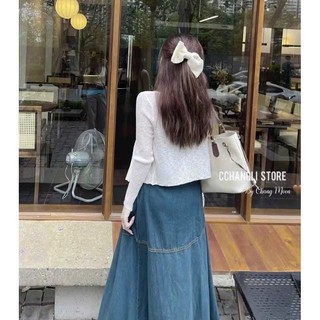 Đầm thời trang nữ chất jeans quảng châu cao cấp 2 dây kèm khoác len ren váy dài dáng xòe xẻ tà phong cách trẻ trung