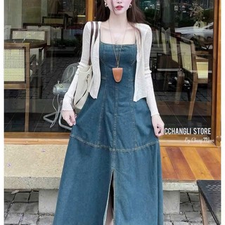 Đầm thời trang nữ chất jeans quảng châu cao cấp 2 dây kèm khoác len ren váy dài dáng xòe xẻ tà phong cách trẻ trung